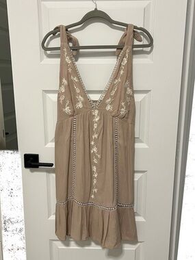 Tie-Shoulder Embroidered V-Neck Dress in Taupe